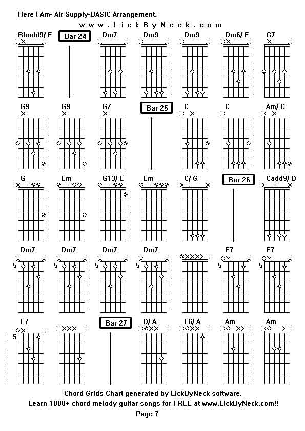 Chord Grids Chart of chord melody fingerstyle guitar song-Here I Am- Air Supply-BASIC Arrangement,generated by LickByNeck software.